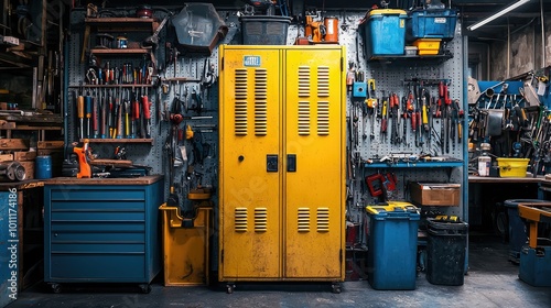 A well-organized workshop featuring a bright yellow locker and an array of tools neatly hung on the wall, perfect for DIY enthusiasts. photo