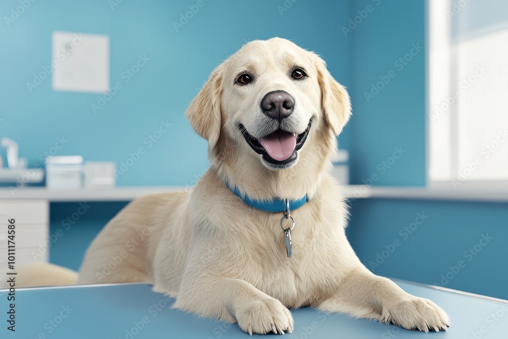 Golden retriever relaxed on clinic table, happy vet checking, bright modern clinic, 3D illustration