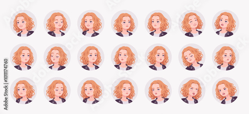 Pretty curly young woman, female avatar nice portrait set, shiny hair, appearance bundle. Different feelings and face emotion icons, player character mood, user pic circles. Vector illustration