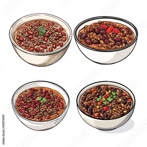 Set of chili bowls with beans and meat, hand-drawn illustration
