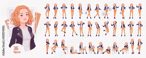 Pretty curly young trendy woman in urban autumn jacket, attractive girl character set, active life bundle. Confident active female poses, emotions, mood, busy workspace situations. Vector illustration