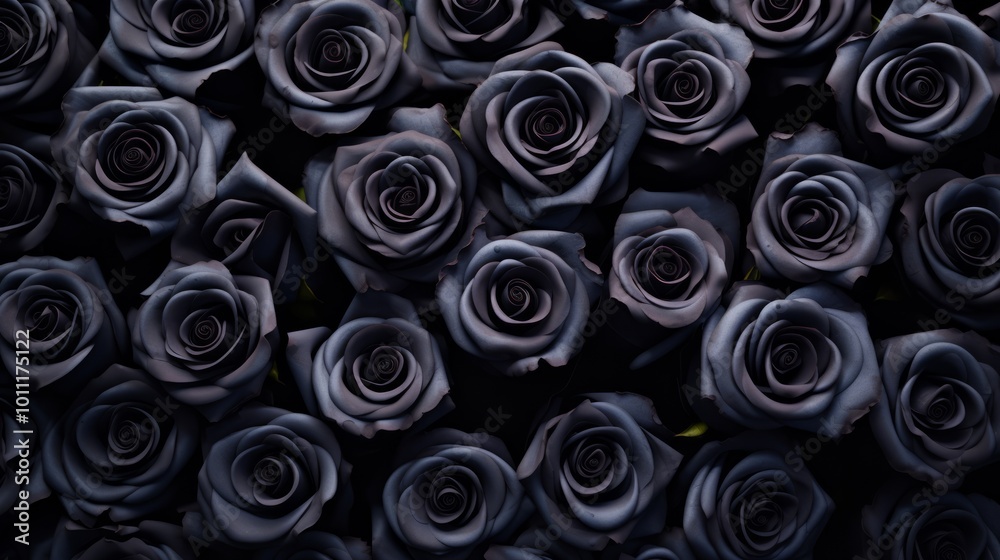 Many black roses in dark scene close up. Romantic or gothic background. Neural network ai generated art Many black roses in dark scene close up. Romantic or gothic background. Neural network ai generated art