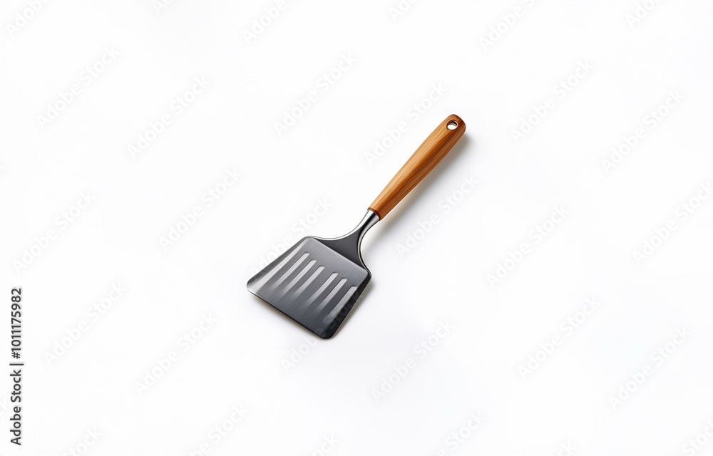 A metal spatula with a wood handle is isolated on a white background. A metal spatula with a wood handle is isolated on a white background.