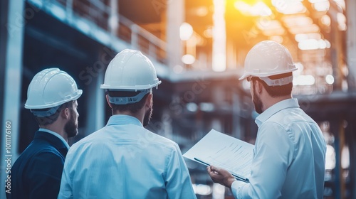 Businessmen and engineers having a casual conversation during a factory site visit. The discussion highlights agreement and business management in an industrial setting.