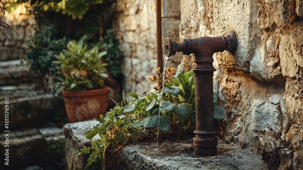 An aged pipe beside a stone wall, adorned with green plants, showcasing rustic charm in a tranquil outdoor setting. An aged pipe beside a stone wall, adorned with green plants, showcasing rustic charm in a tranquil outdoor setting.