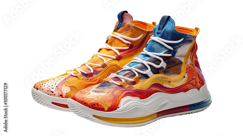 Colorful patterned basketball shoes on a transparent background.