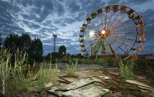 A spooky, abandoned amusement park with broken rides and overgrown vegetation. The ferris wheel stands eerily still against a cloudy night sky.