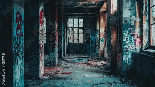 An eerie, abandoned room showcasing vibrant graffiti and a hauntingly beautiful ambiance of decay and neglect.