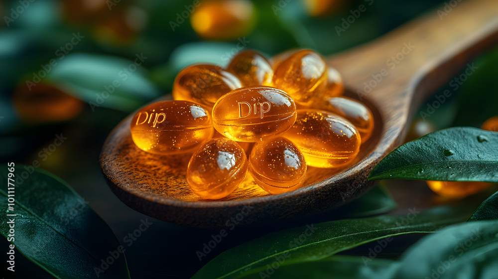 A wooden spoon holds golden-colored fish oil soft gels, highlighting the rich hue and shiny surface of the capsules. The natural texture of the wooden spoon contrasts beautifully with the smooth, glos A wooden spoon holds golden-colored fish oil soft gels, highlighting the rich hue and shiny surface of the capsules. The natural texture of the wooden spoon contrasts beautifully with the smooth, glos
