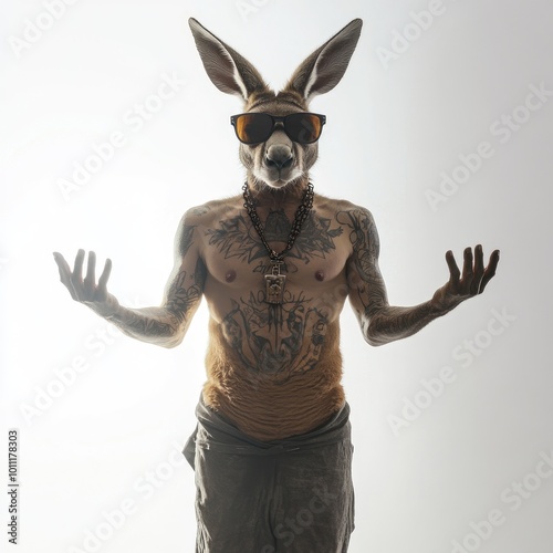 kangaroo guru gangster buddha pose gang member with sunglasses and levitating standing isolated on light background photo