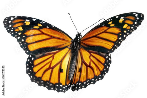 Butterfly Flying. Majestic Monarch Butterfly in Flight, White and Yellow Wings