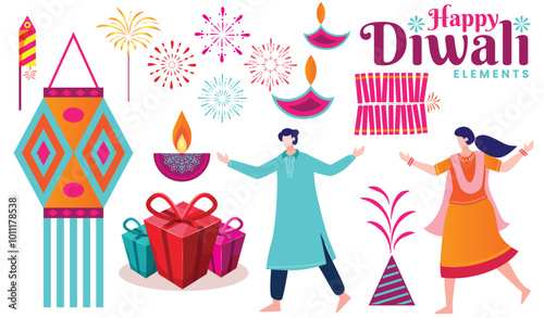  Festive Diwali Elements Featuring Firecrackers, Diyas, Gifts, and Dancing Figures in Colorful Design