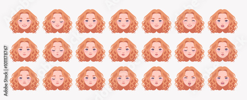 Pretty curly young good looking pale woman, attractive female emotion set, shiny hair girl bundle portrait. Face icons, positive, negative facial expression feature pic. Vector illustration circles
