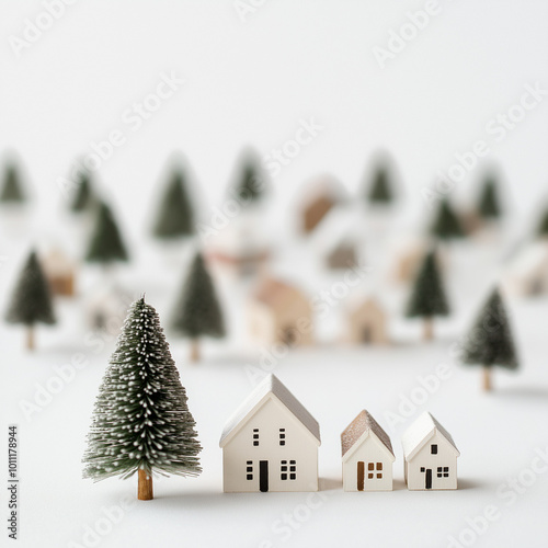 Miniature winter village with snow-covered trees and houses on a white background photo