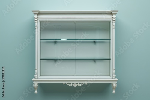Wallpaper Mural Elegant white display cabinet with glass shelves mounted on a light blue wall Torontodigital.ca