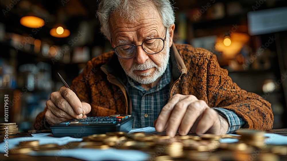 an elderly man using calculator with coins ,documents symbolizing the concept of pension calculator an elderly man using calculator with coins ,documents symbolizing the concept of pension calculator