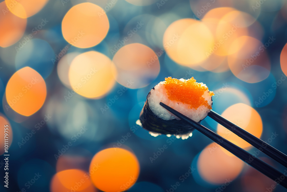 Sushi roll with salmon roe held by chopsticks, glowing bokeh background, perfect for showcasing Japanese cuisine and gourmet food. Sushi roll with salmon roe held by chopsticks, glowing bokeh background, perfect for showcasing Japanese cuisine and gourmet food.