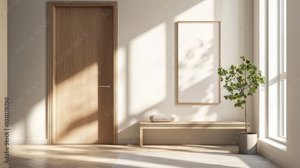 Bright and airy interior featuring a wooden door, minimalistic bench, and a potted plant, accented by soft natural light. Bright and airy interior featuring a wooden door, minimalistic bench, and a potted plant, accented by soft natural light.