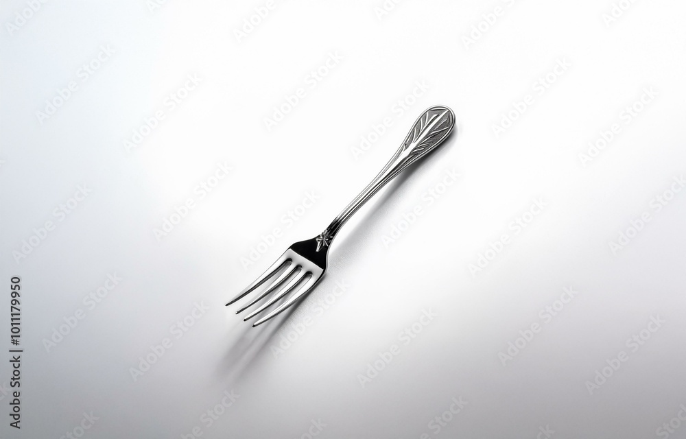 A silver fork with an ornate handle rests on a white surface. A silver fork with an ornate handle rests on a white surface.