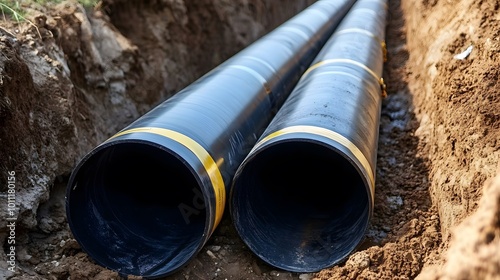 Wallpaper Mural Two black pipes are laying in the dirt. The pipes are in a trench and are surrounded by dirt Torontodigital.ca