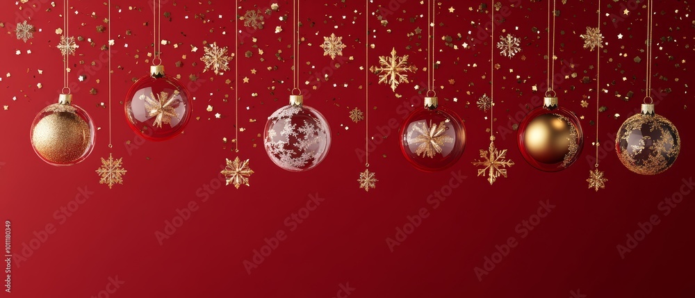 Christmas New Year background with decorative ornament hanging on a ribbon and gold glitter confetti around it. Festive Xmas composition with decoration bauble. Banner web poster, header for website. Christmas New Year background with decorative ornament hanging on a ribbon and gold glitter confetti around it. Festive Xmas composition with decoration bauble. Banner web poster, header for website.