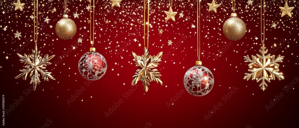 Christmas New Year background with decorative ornament hanging on a ribbon and gold glitter confetti around it. Festive Xmas composition with decoration bauble. Banner web poster, header for website. Christmas New Year background with decorative ornament hanging on a ribbon and gold glitter confetti around it. Festive Xmas composition with decoration bauble. Banner web poster, header for website.