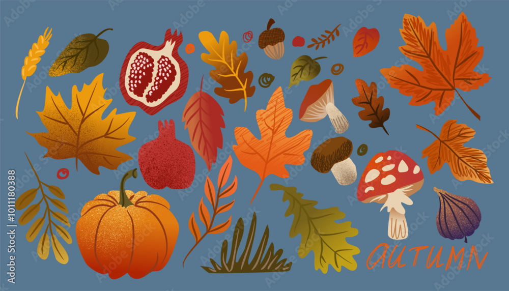Autumn food, yellow leaves, different mushrooms. Organic fruit pomegranate and fig, leaf abstract, holiday pattern nature. Harvest pumpkin. Plant watercolor, texture tree, art fall. Vector background Autumn food, yellow leaves, different mushrooms. Organic fruit pomegranate and fig, leaf abstract, holiday pattern nature. Harvest pumpkin. Plant watercolor, texture tree, art fall. Vector background