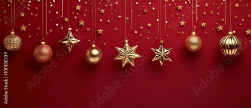 Christmas New Year background with decorative ornament hanging on a ribbon and gold glitter confetti around it. Festive Xmas composition with decoration bauble. Banner web poster, header for website.