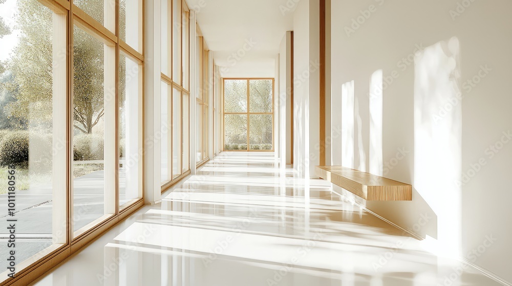 Bright and spacious hallway with large windows, showcasing natural light and modern architectural design. Bright and spacious hallway with large windows, showcasing natural light and modern architectural design.