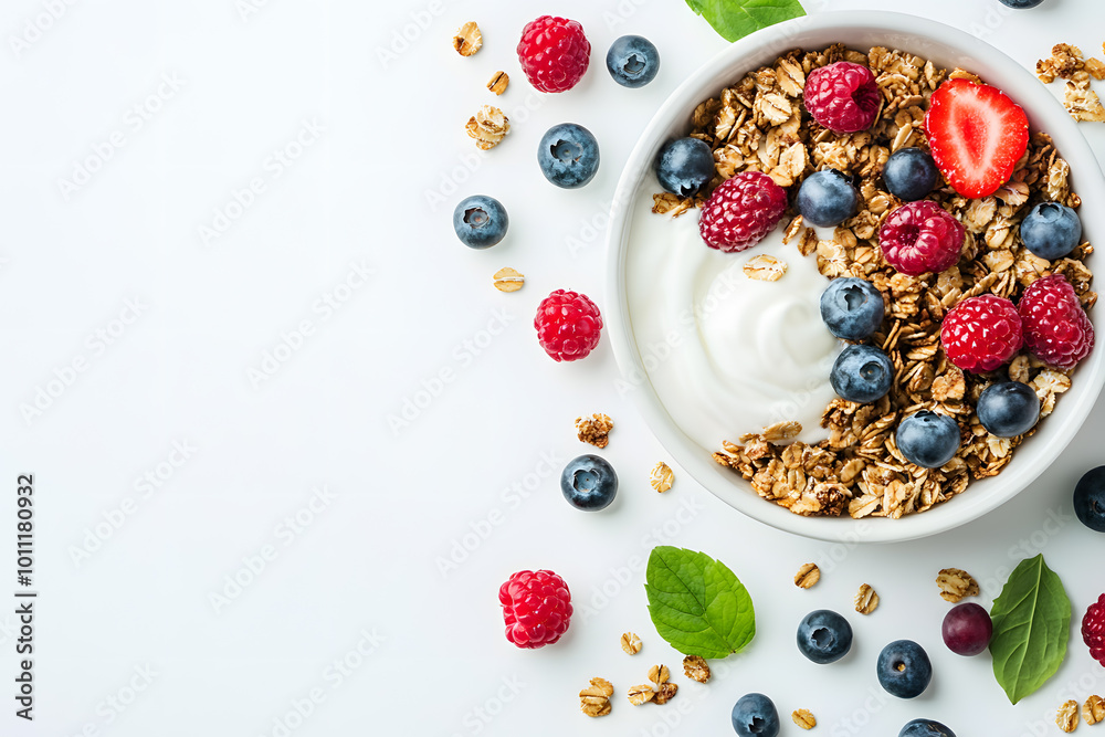 op view plate of healthy breakfast with granola, greek yogurt, fruits and berry on white background op view plate of healthy breakfast with granola, greek yogurt, fruits and berry on white background