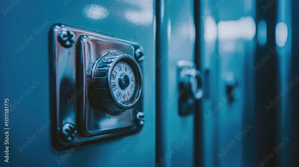 Close-up of a combination lock on a blue locker, showcasing intricate details and metallic finish, ideal for security and safety themes.