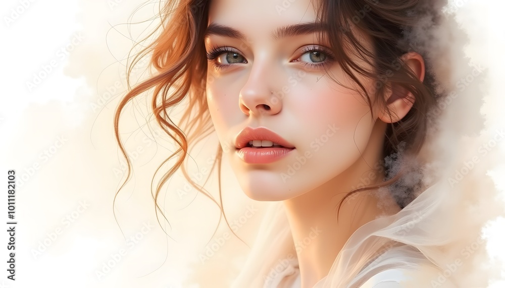 A serene young woman with freckles and curly hair on a blurred background A serene young woman with freckles and curly hair on a blurred background