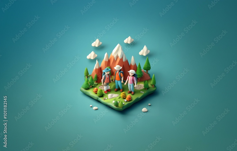 Obraz premium Three people are hiking on a small green island surrounded by mountains and clouds.