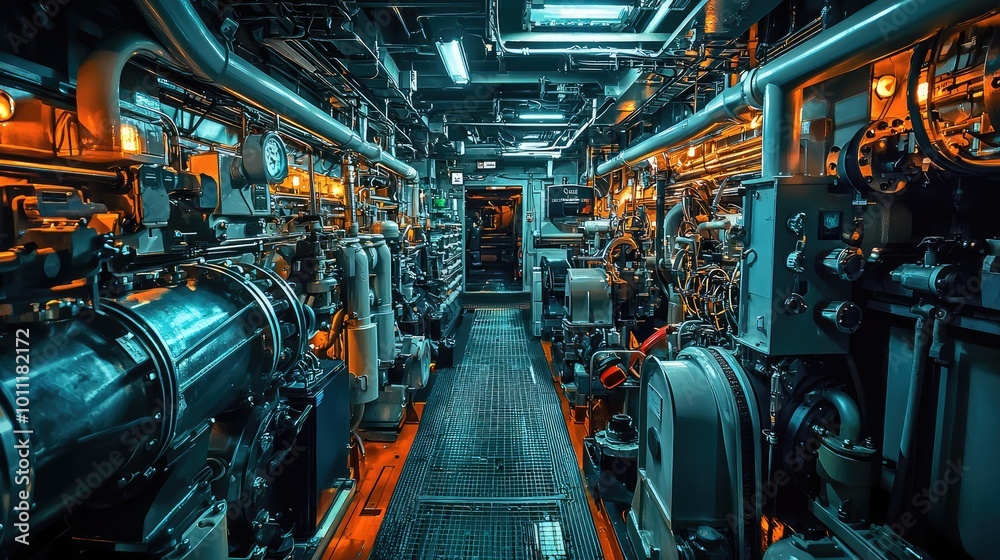 Close-up of a modern engine room, showcasing intricate machinery and industrial design with dramatic lighting and shadows. Close-up of a modern engine room, showcasing intricate machinery and industrial design with dramatic lighting and shadows.