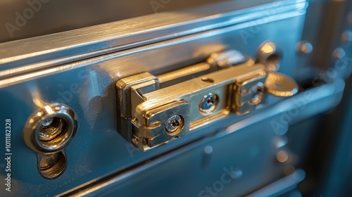 Close-up of a silver metal lock mechanism showcasing intricate details. Perfect for security and locking system themes.