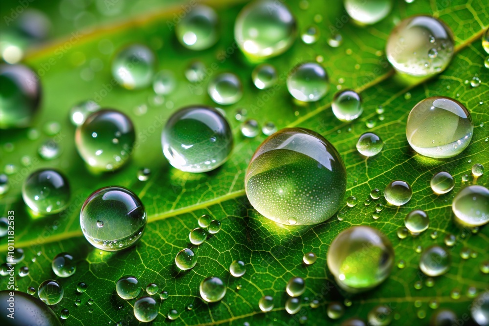 Macro shot of water droplets on green leaf Macro shot of water droplets on green leaf