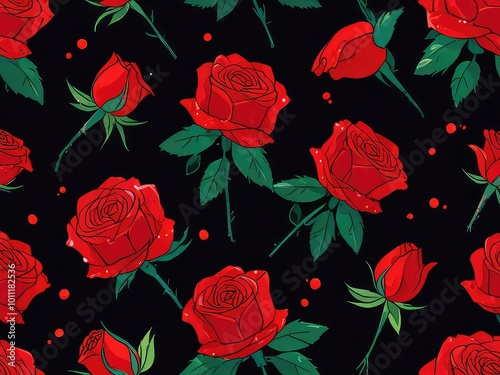 seamless pattern with red roses,seamless background with roses,red roses on a black background