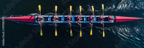 Aerial View Of Rowing Team In Red Canoe On Lake, Teamwork Concept For Business Finance And Sports 97 photo