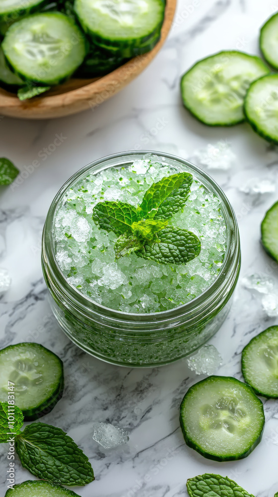 Refreshing cucumber and mint scrub in glass jar, surrounded by fresh cucumber slices and mint leaves on marble surface, evokes sense of relaxation and rejuvenation Refreshing cucumber and mint scrub in glass jar, surrounded by fresh cucumber slices and mint leaves on marble surface, evokes sense of relaxation and rejuvenation