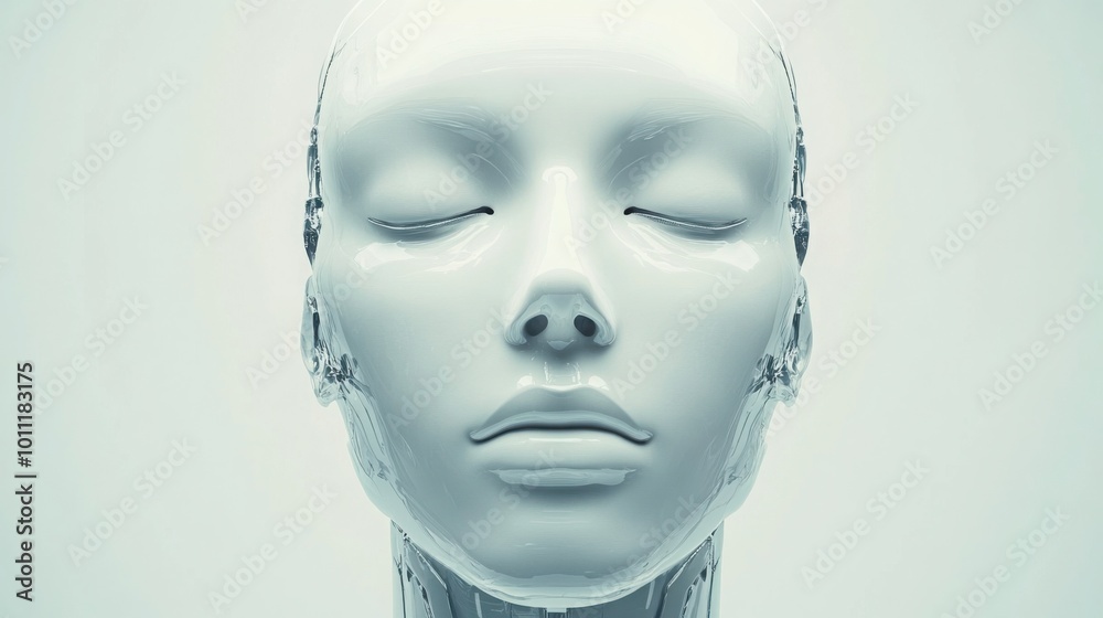  minimalist, smooth, humanoid AI robot face with neutral expression.