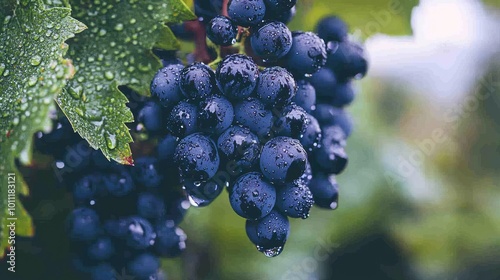 Close-up of fresh, ripe grapes glistening with dew, showcasing their rich color and texture in a lush vineyard setting.