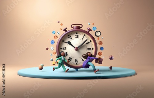 Two cartoon women run away from a giant alarm clock with many smaller clocks scattered around. photo