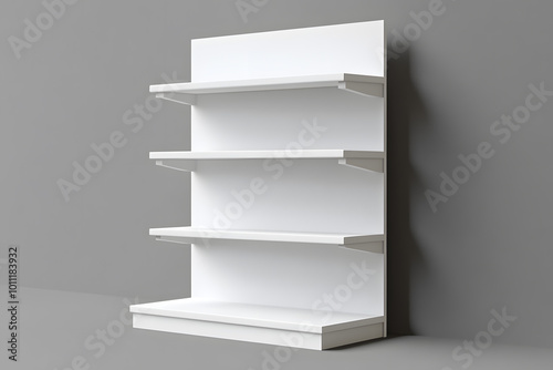 3d White Empty Product Display For Supermarket With Shelves mock up Isolated on white background. Retail shelf, ,display mockup. 