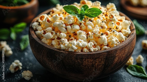 A wooden bowl of freshly made popcorn garnished with basil leaves on a dark countertop