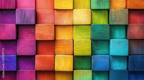 A colorful abstract geometric wall design with 3D wooden cubes and rainbow hues, forming a dynamic and modern background photo