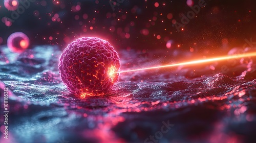 cancer cell being precisely targeted by advanced medicine depicted with laser beam hitting the cell