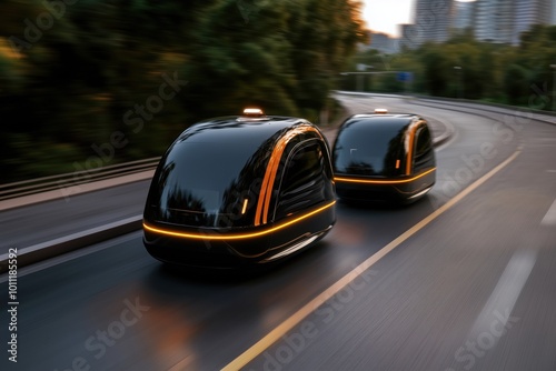 Futuristic autonomous vehicles effortlessly navigate urban streets at night, hinting at a sleek tech savvy future photo