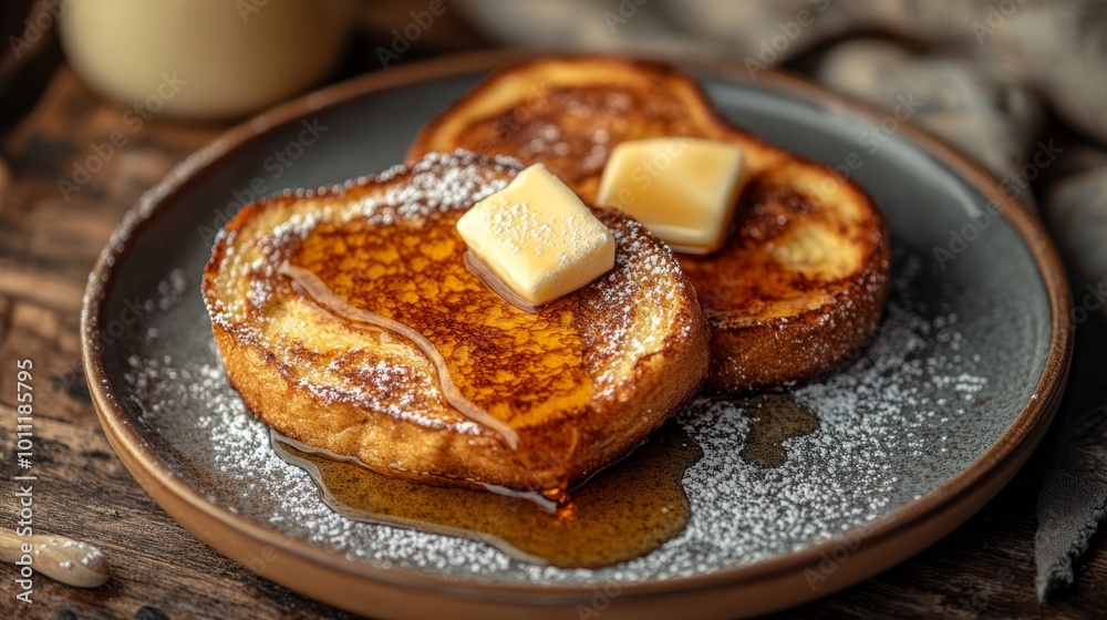 Golden-brown French toast, made with thick slices of bread, drizzled with syrup and dusted with powdered sugar. It's served on a plate with a pat of butter and looks delicious. Golden-brown French toast, made with thick slices of bread, drizzled with syrup and dusted with powdered sugar. It's served on a plate with a pat of butter and looks delicious.