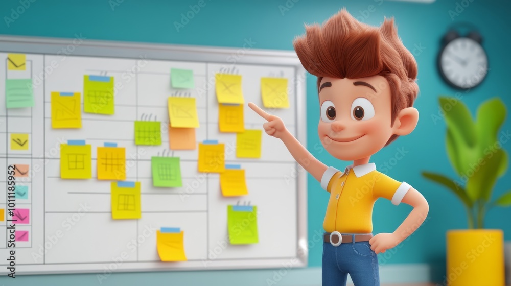 3D cartoon character standing in front of a large whiteboard filled with clearly defined goals and tasks 3D cartoon character standing in front of a large whiteboard filled with clearly defined goals and tasks