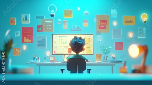 3D cartoon office scene with a character sitting at a desk, surrounded by various tasks and goals represented as floating icons